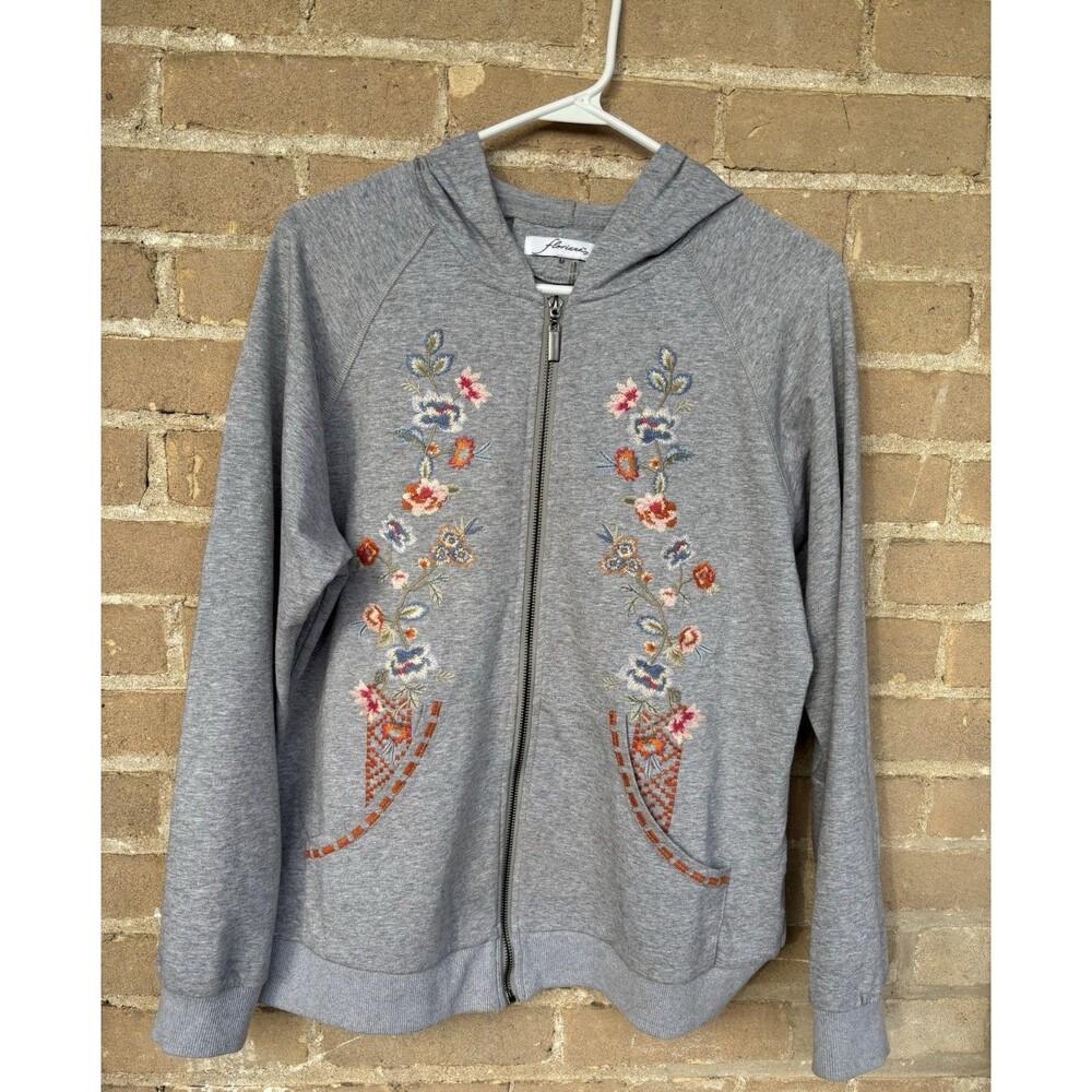 Floriana Hooded Zip up Gray Sweatshirt with Colorful Floral Embroidery - Size M